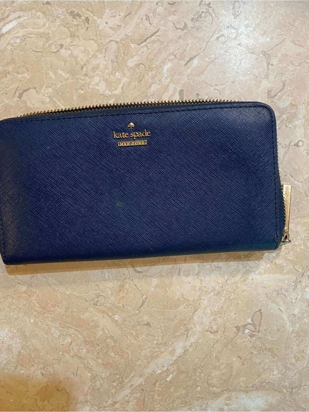 kate spade navy saffiano zip-around wallet with gold hardware
